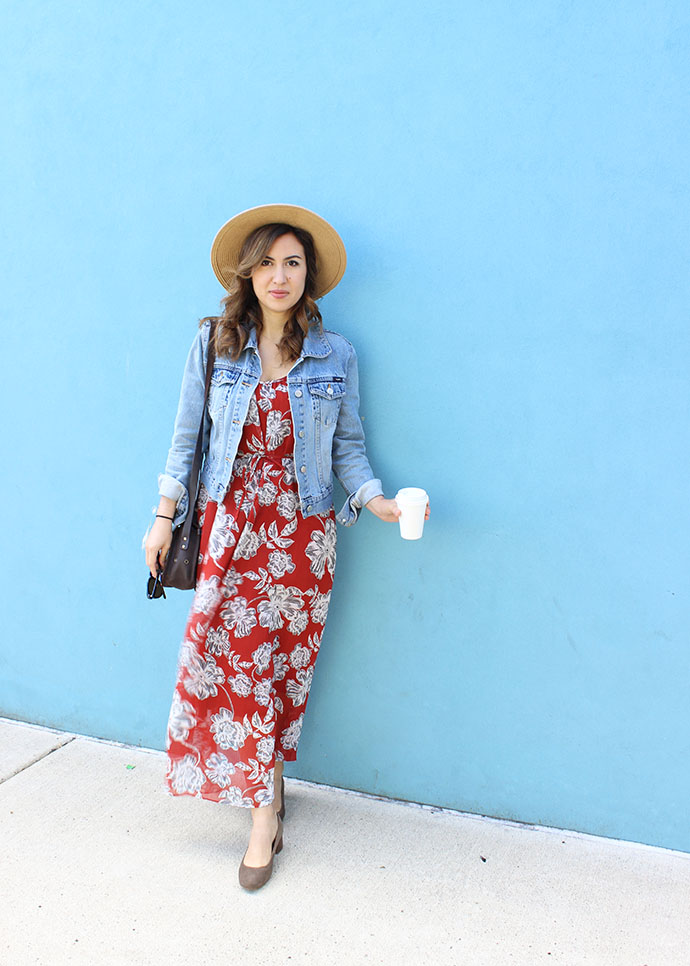 denim jacket and floral dress