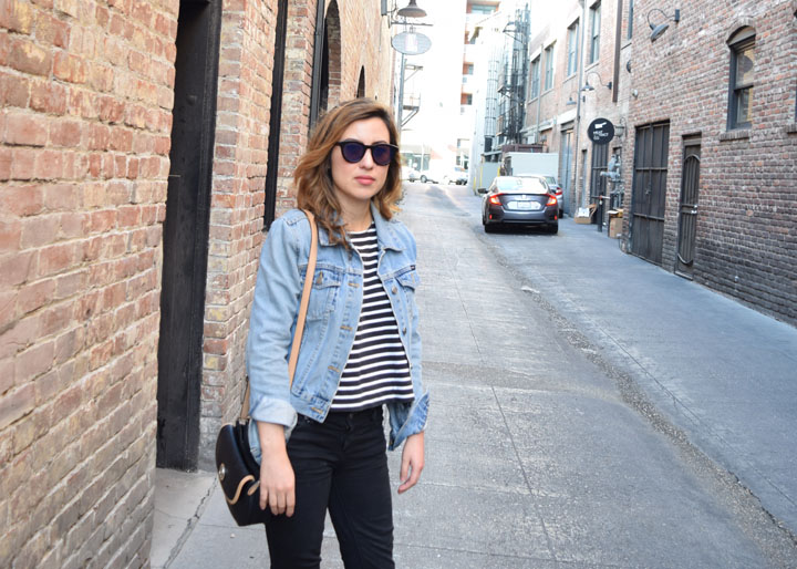 striped shirt with jean jacket