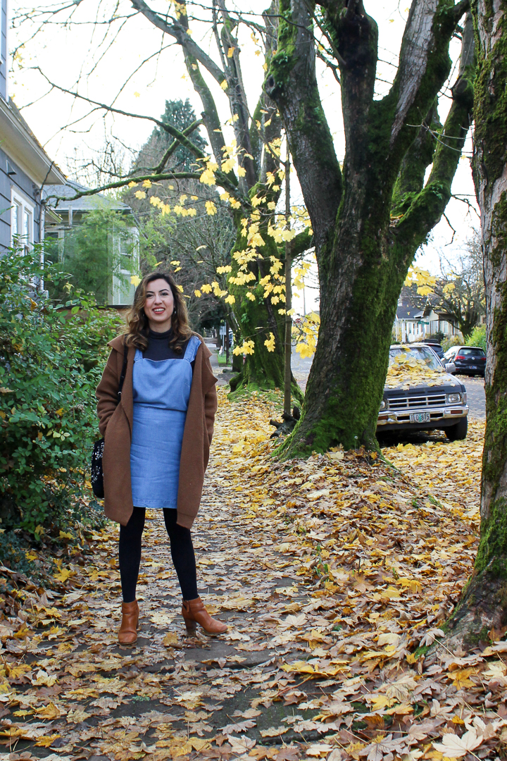 Sweet Helen Grace Fall Style Denim Pinafore Dress and Camel Boots Life Lately